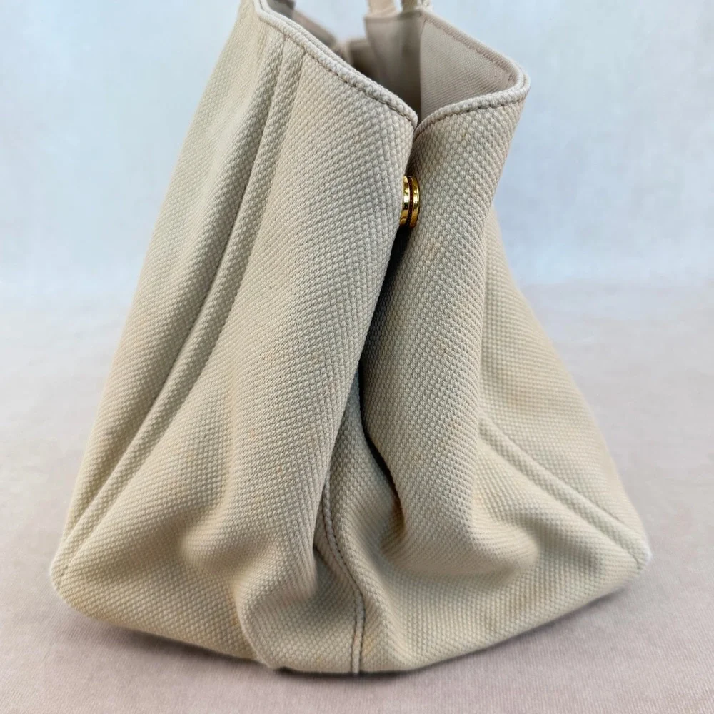 Prada Canapa Large Beige Canvas Tote Bag Gold Hardware